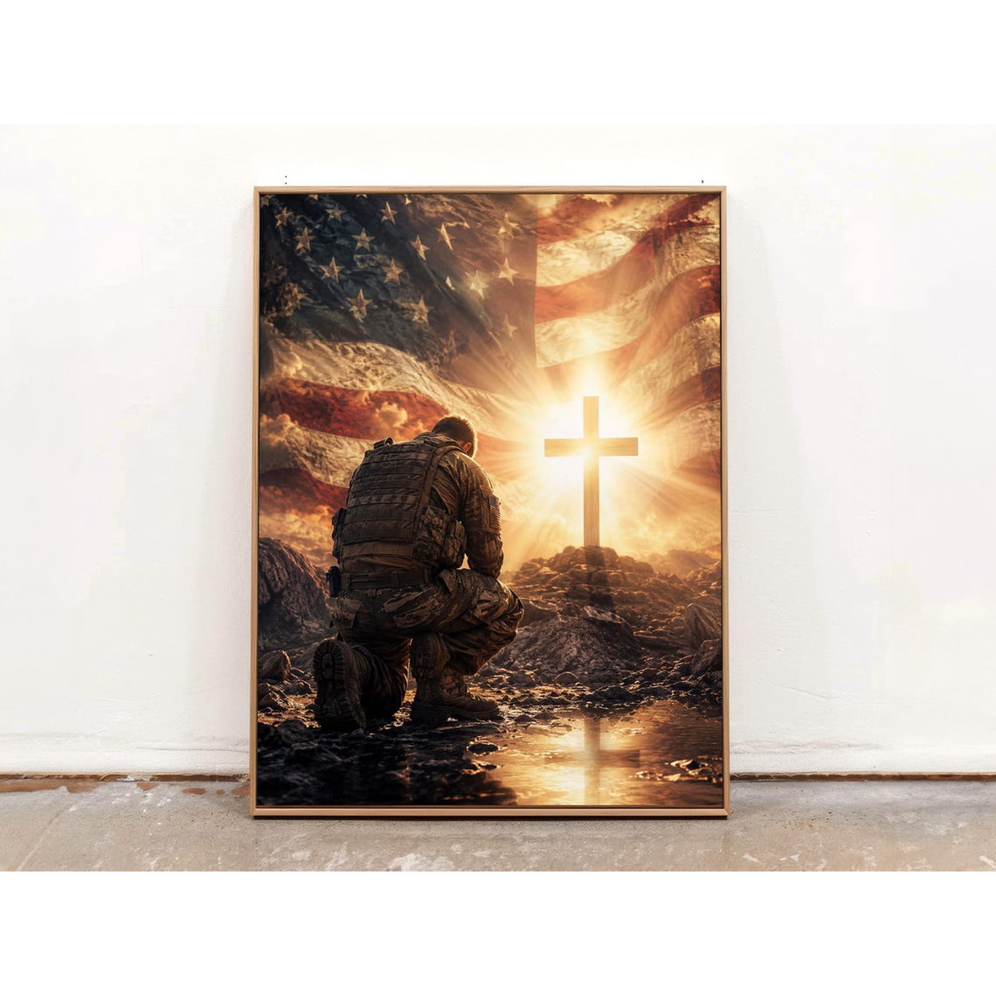 Kneeling Soldier And Cross Poster, Christian Memorial Sunset Wall Art