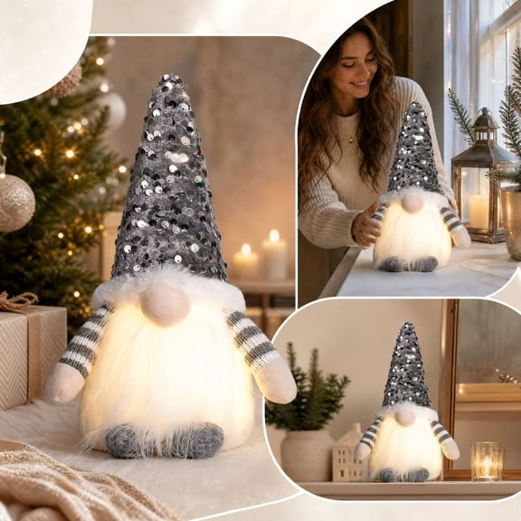 Lighted Sequin Christmas Gnome, Glowing Beard Faceless Nordic Tomte Figure, Striped Arm Holiday Tabletop Decor, Festive Winter Accent for Mantel, Shelf, Bedroom, Party