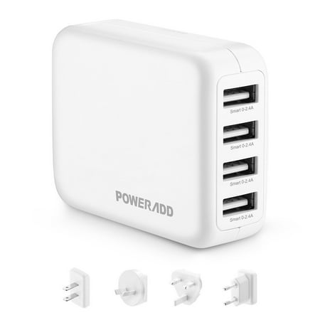 Poweradd USB 3.0 Adapter Travel Wall Charger 4.8A 4-Ports Adapter with US/UK/EU/AU Plug for iPhone iPad Samsung Camera and Other USB