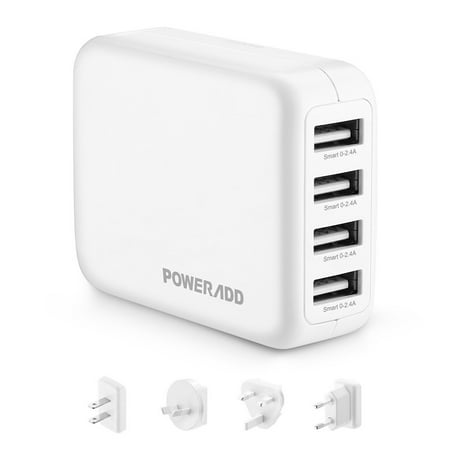 Iphone 4 Battery Port Replacement Poweradd USB 3.0 Adapter Travel Wall Charger 4.8A 4-Ports Adapter with US/UK/EU/AU Plug for iPhone iPad Samsung Camera and Other USB Devices ()