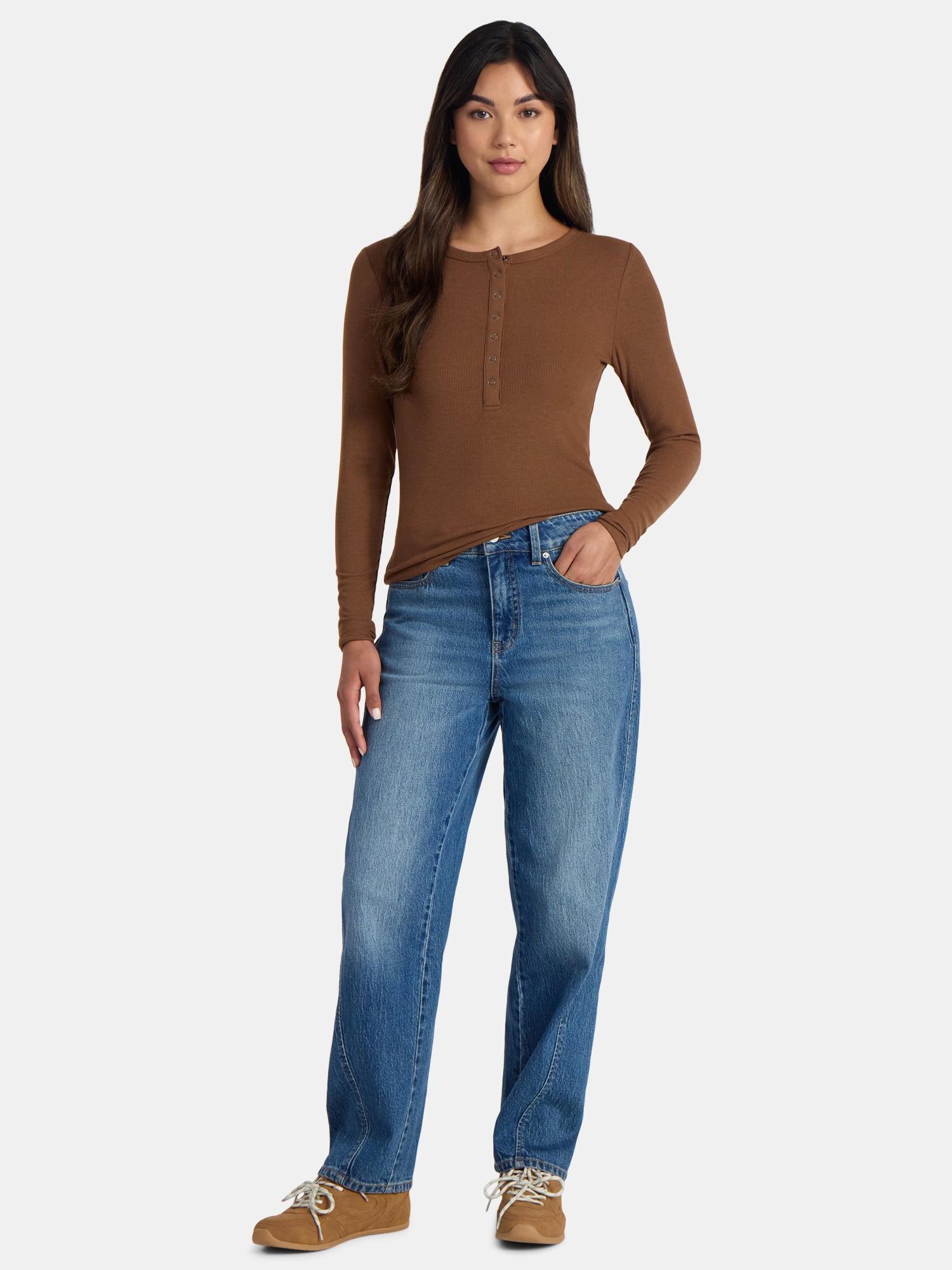Time and Tru Women's Ribbed Henley Shirt with Long Sleeves, Sizes XS-XXXL