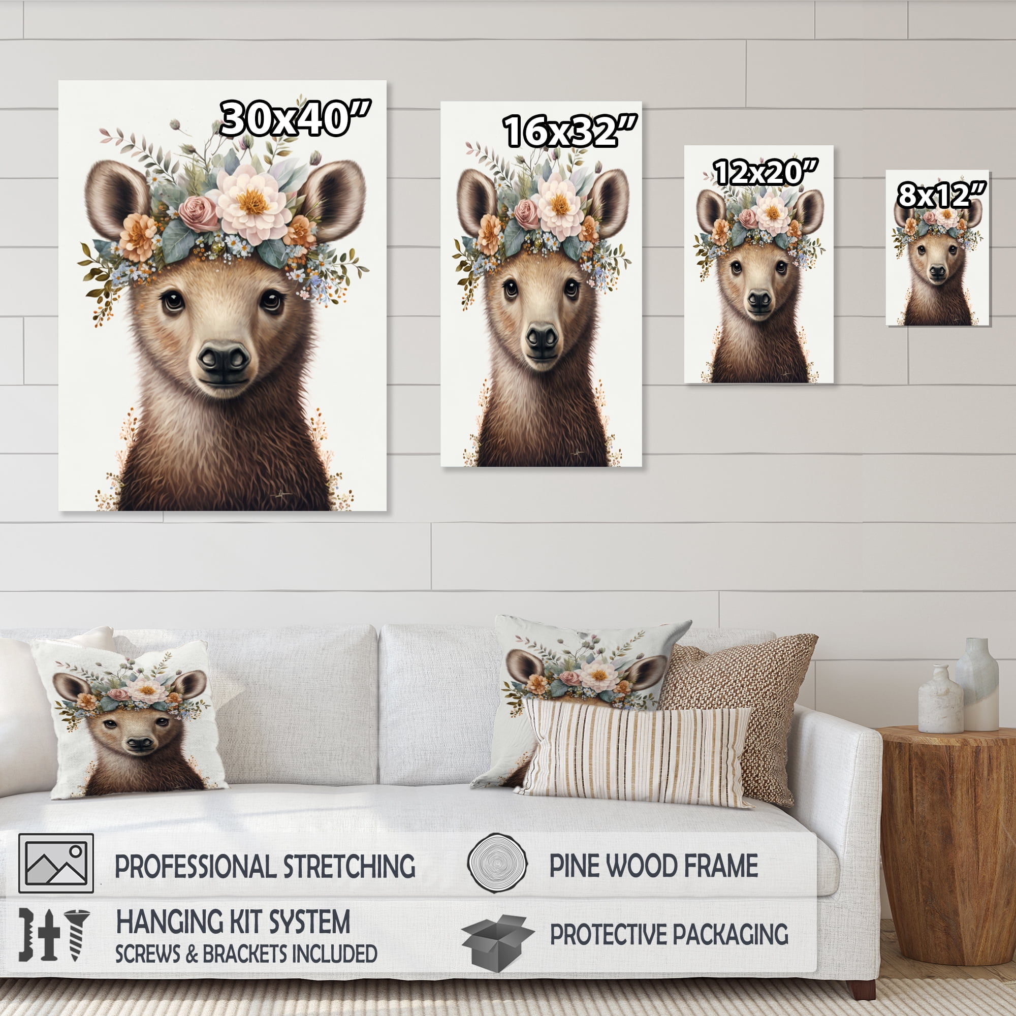 Designart Cute Baby Bear With Floral Crown IV Canvas Wall Art
