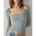 thumbnail image 2 of Women's Sexy Long Sleeve Square Neck Tops Slim Fitted Double Lined Basic Shirts, 2 of 3