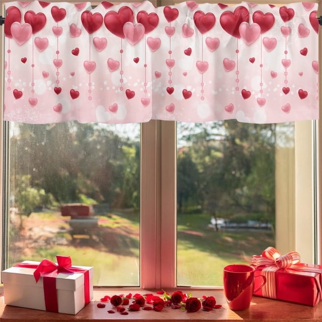 Romantic Valentine's Day Heart Shaped Pattern Style Semi Kitchen Curtains Suitable For Kitchens And Living Rooms Easily Create A Warm Home