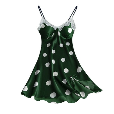 Womens Lingerie Polka Print Dress Nightgown Satin Slip Sleepwear Negligee Chemise Pajamas Going Out