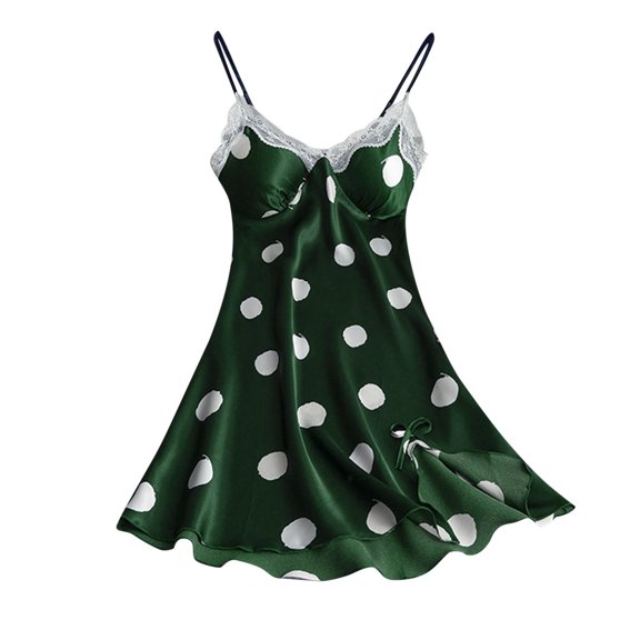 Leesechin Womens Sleepwear Dress Polka Dot Printing Satin Sling Skirt Dress Lace Nighties Home Wear Pajamas Nightdress Green XL