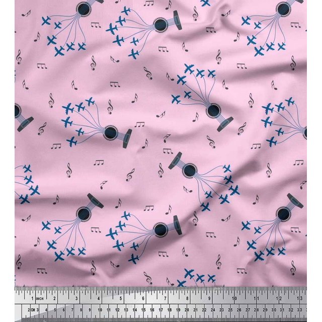 Soimoi Tissu en Poly Georgette Avion, Fil de Guitare & Notes Instrument de Musique Imprimé au Mètre 42 Pouces de Large