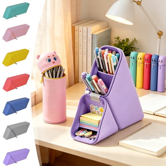 Dmlowu Silicone Pencil Pouch, Colorful Cute Cartoon Stand-up Pen Holder, Portable Waterproof Zipper Pencil Case for Messy Desks Home Office Art Supplies