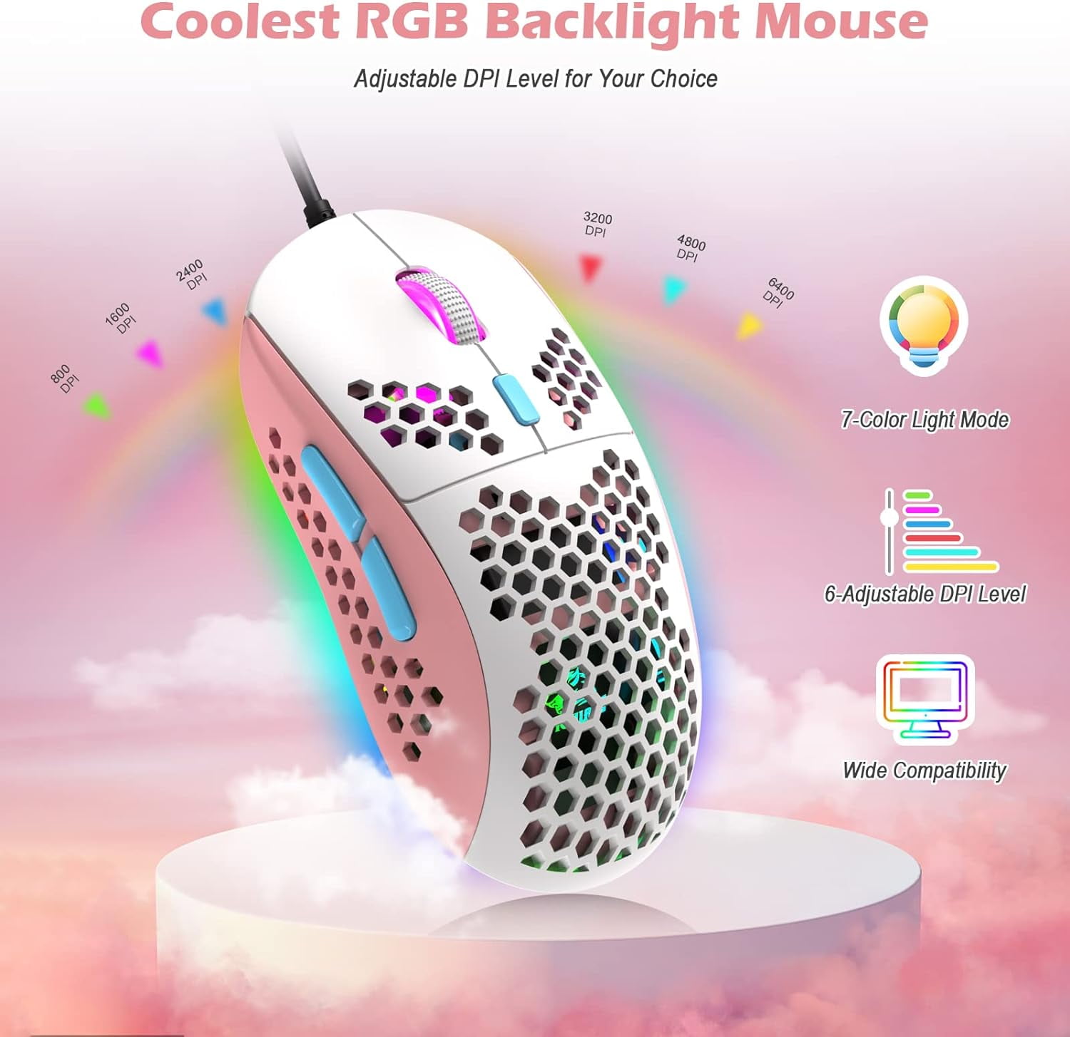 ZIYOU LANG T60 Wired Mechanical Keyboard&Mouse Combo,Rainbow Backlit 6400DPI RGB-Pink/Blue Switch