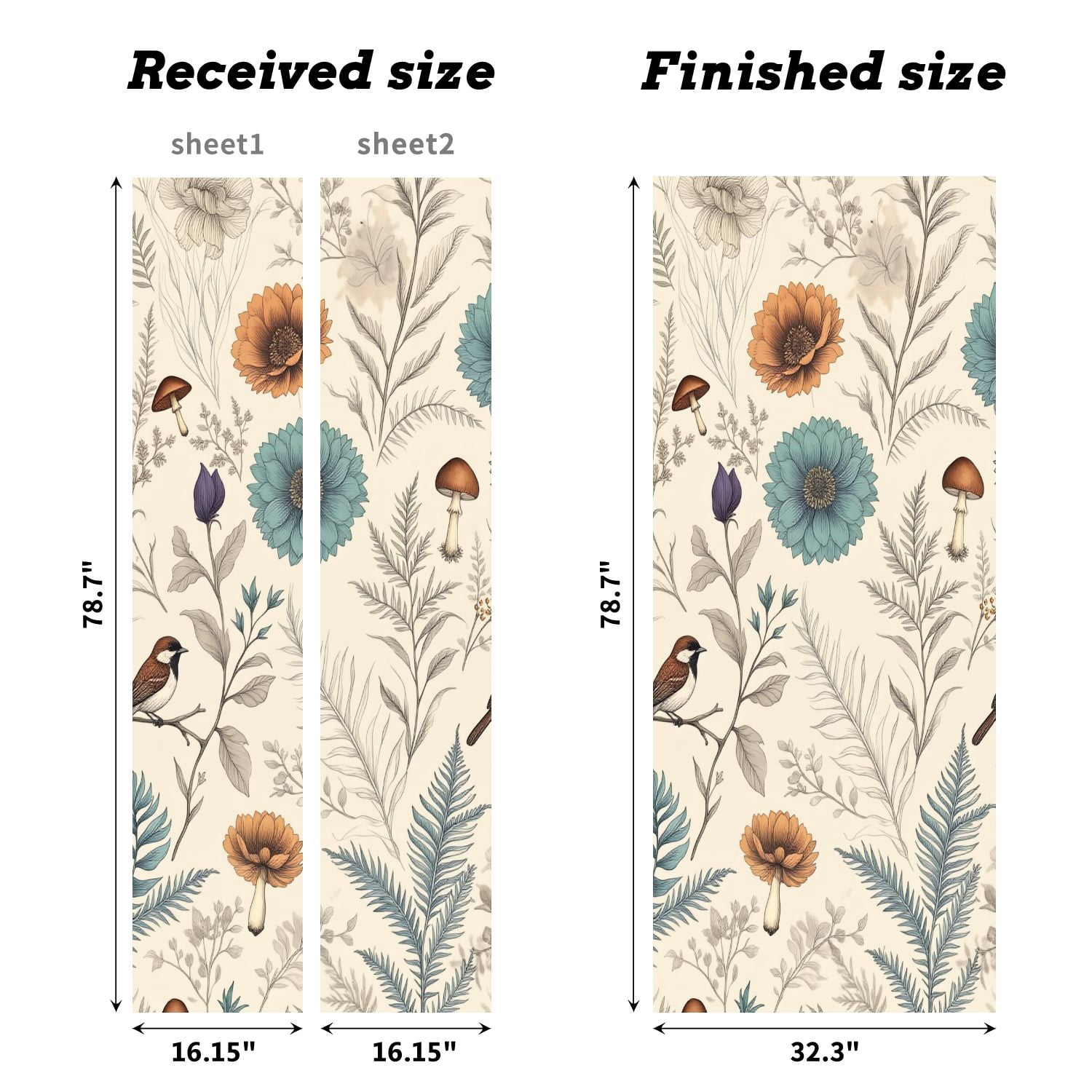Self Adhesive Vinyl Refrigerator Wrap Set Botanical Floral Birds Mushrooms Muted Colors Door Mural Removable Fridge Sticker Peel and Stick&nbsp;Full Door Cover Decal Kitchen Bar Decor