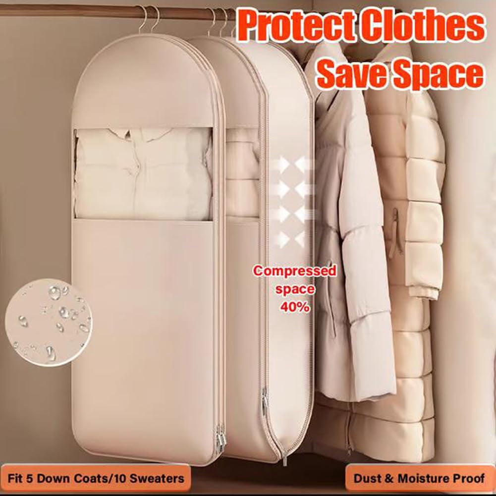 Hanging Garment Bag with Compression Zipper, Space Saving Closet Organizer for Coats Jackets Suits, Waterproof Clothes Storage Bag