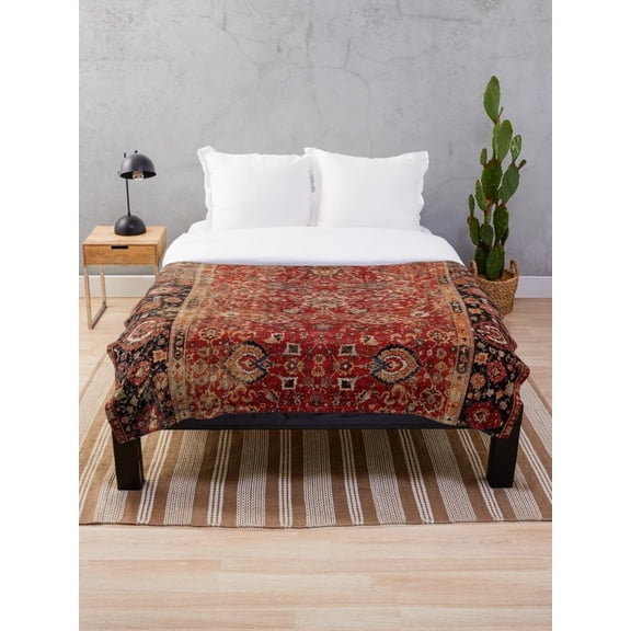 Vintage Persian Rug Print Sherpa Blanket, Antique Afghan Oriental Carpet Style Throw, Soft Polyester Fleece