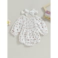 thumbnail image 2 of Infant Baby Girl Spring Jumpsuit Set Flower Print Off Shoulder Long Sleeve Romper + Bow Headband, 2 of 7