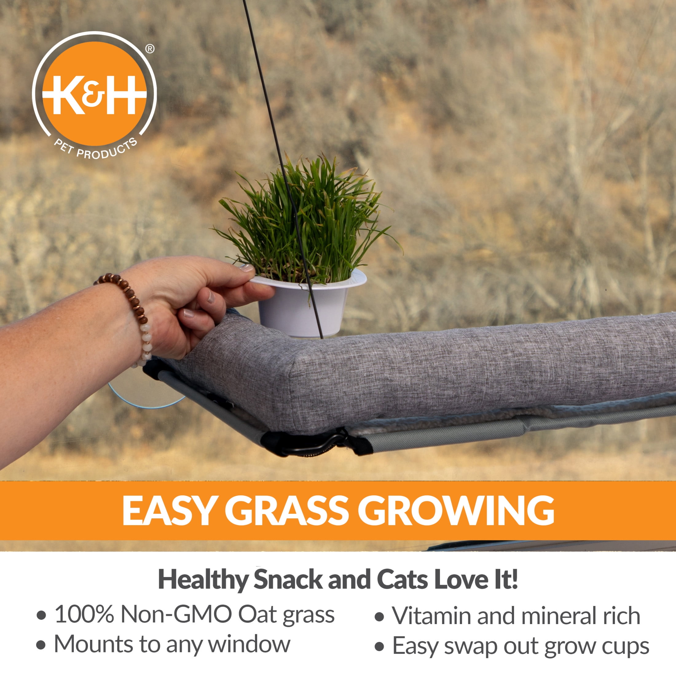 K&H Pet Products EZ Mount Deluxe Bolstered Window Kitty Sill Cat Perch with Cat Grass Grow Station Gray 23 X 12 Inches