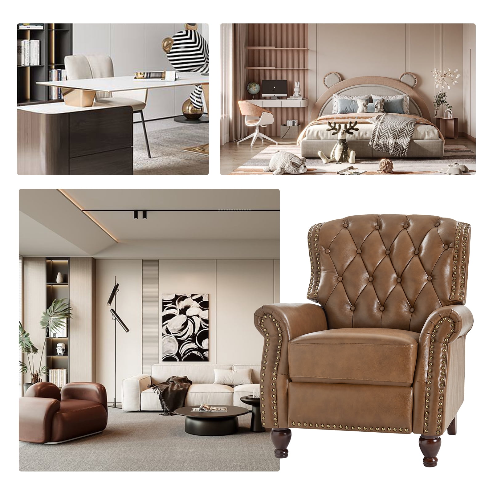 Traditional Genuine Leather Push Back Wingback Recliner Chair Tufted with Nailhead Trims and Solid Wood Legs for Living Room Camel