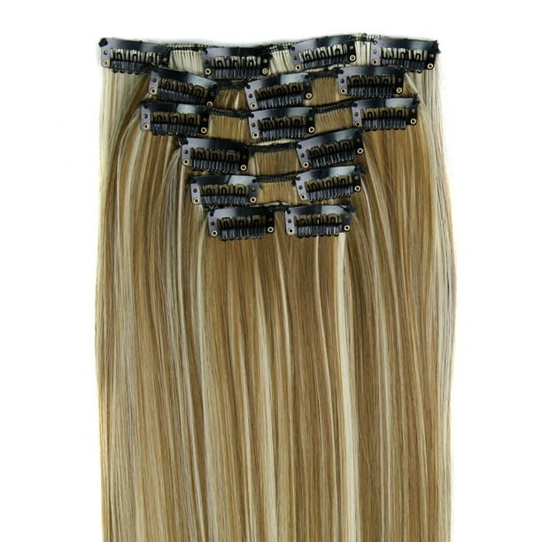 Pelucas con flequillo para mujer, peluca ondulada suelta, 6 piezas, extensiones de cabello sintético liso con 16 clips, color natural.