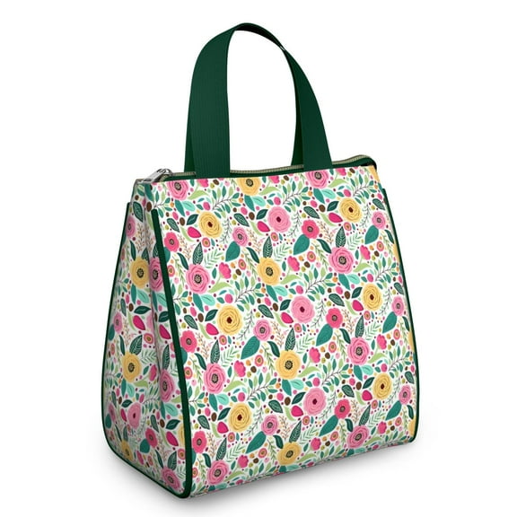 Pioneer Flower Floral Print Pattern Insulated Lunch Bag for Women & Adults,Large Portable Soft Cooler Lunch Bag,Thermal Food Storage Tote with Pearl Cotton,8.66L,8.75x5.75x9.5 Inch