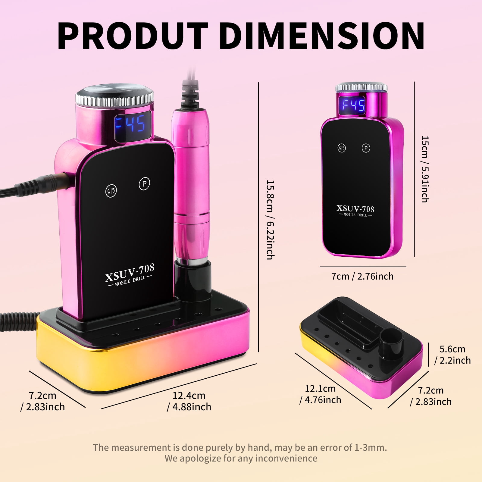 Nail Drill Professional, 45000RPM Electric Nail File for Acrylic & Gel Removal, 2-in-1 Desktop & Portable, LCD Display, Rechargeable, Quiet