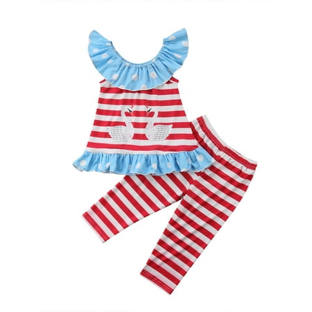 

Peyakidsaa Toddler Bbay Girls Outfits Swan Print Striped Ruffle Neck T-shirt Sleeveless Tops Stripe Long Pants Set