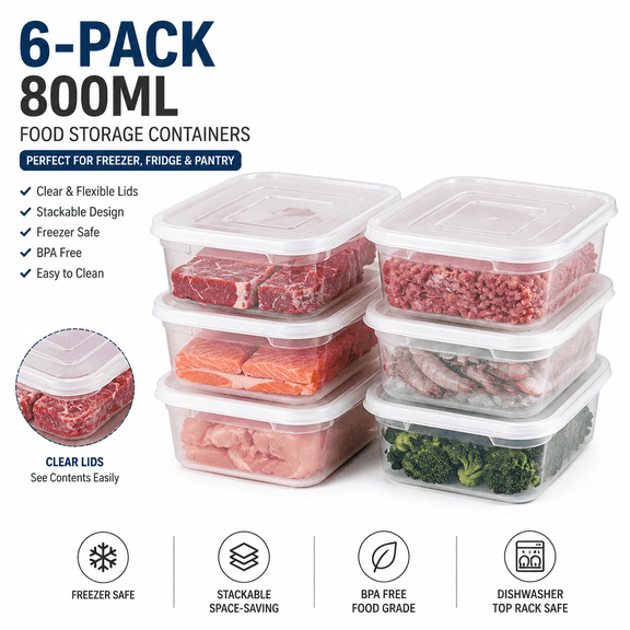 6-Pack 800ml Freezer Food Storage Containers with Clear Flexible Lids, Stackable Meat Meal Prep Portion Boxes for Fridge & Pantry