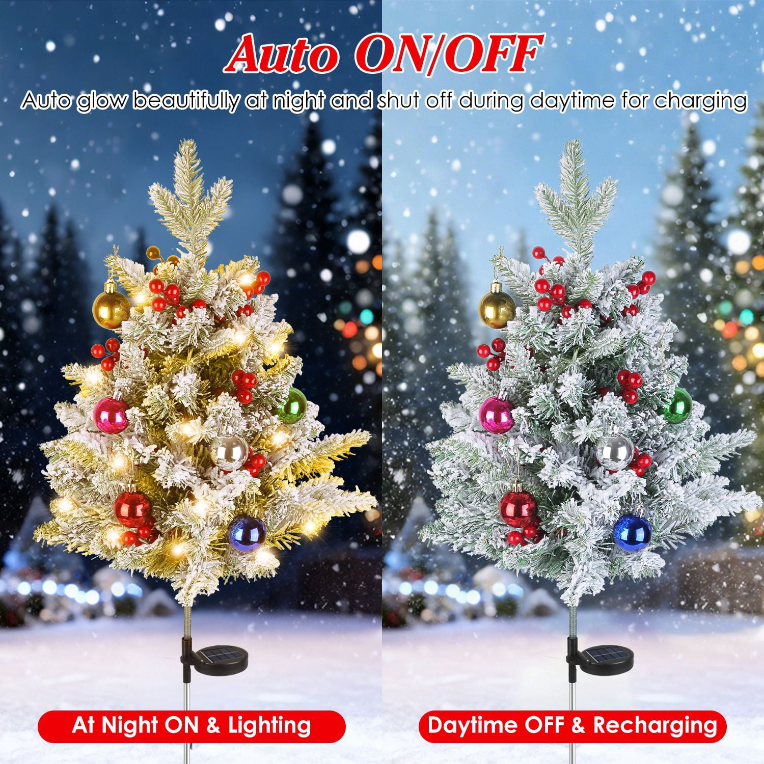 Astoutdoor 2-Piece Solar Lighted Artificial Christmas Tree, 35.43 in, Red Berries, 50 LEDs, 2 Modes, IP44, PVC