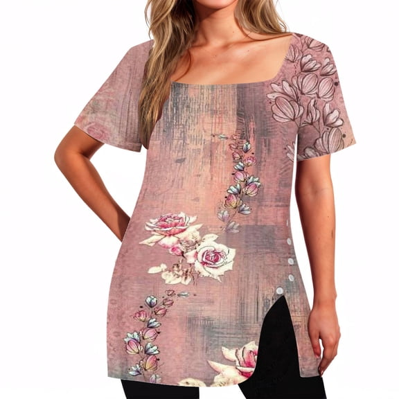 BRGZLK Women's Short Sleeve Square Neck Tops Novel Fashion Print Side Button Design Slit Hem Loose Fit T-Shirt Tops Modern Design Casual Outfits Pink XXL