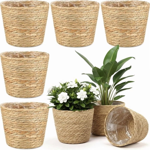 Room Decor Seagrass Plant Baskets with Plastic Liners, 6-Pack Woven Planter Baskets for Flower Pots