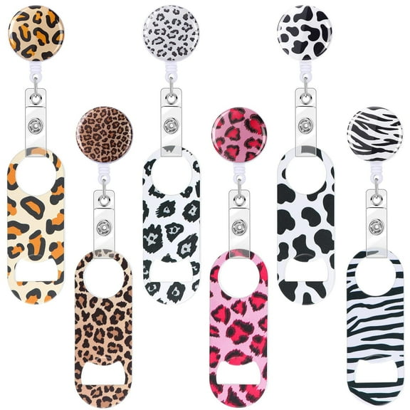 Flat Bottle Openers Retractable Bar Keys for Bartenders Stainless Steel Beer Bottle Opener with Belt Clip and Round Badge Reel (Leopard Style)