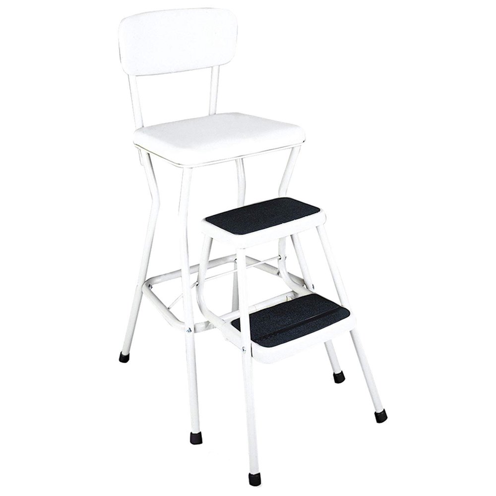 Cosco White Retro Counter Chair / Step Stool with Pullout Steps, White