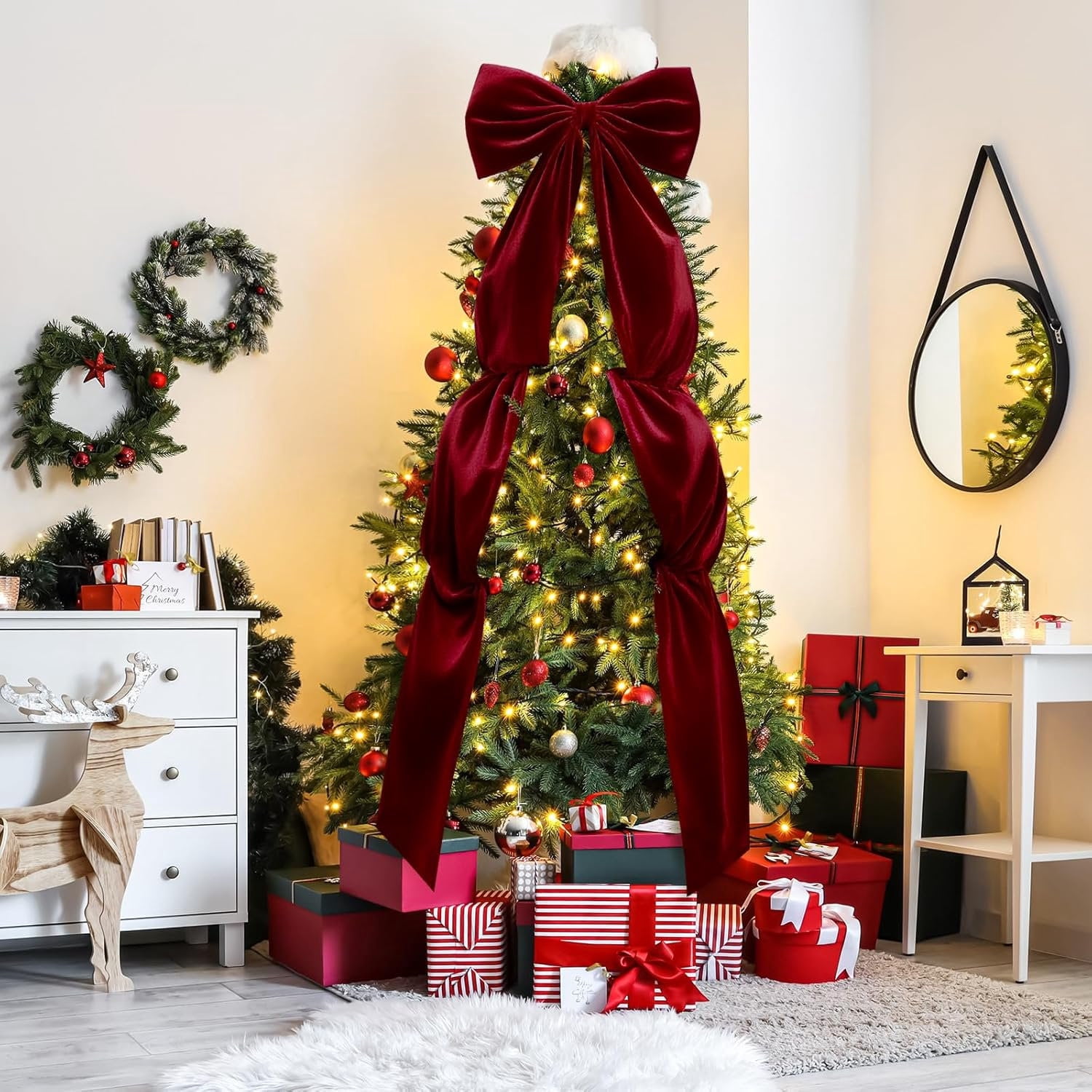 Dpityserensio Bows Xmas Extra Large Velvet Christmas Tree Topper Bow 118 X 28 Inch Red Bow With Long Streamers Oversized Wrapping Gifts For Holiday Xmas Tree Wedding Home Party D