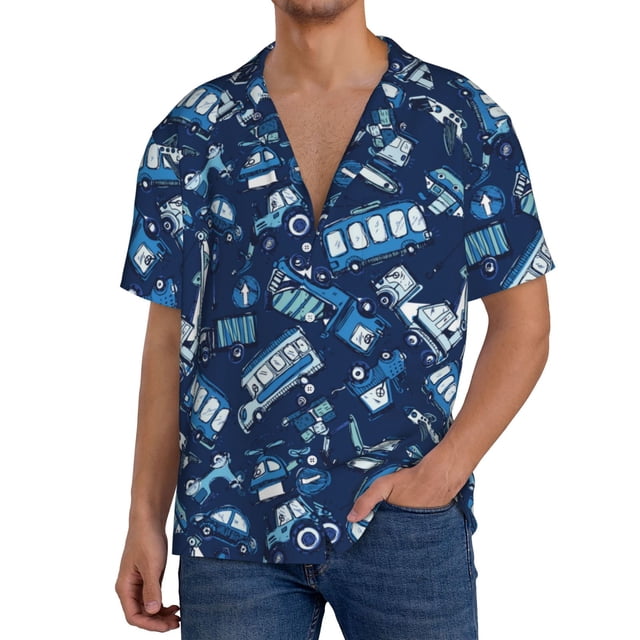 Fotbe Blue Bus Camisa Estampada de Manga Corta para Hombre, Casual de Verano, Estilo Playero, Sin Arrugas-Large