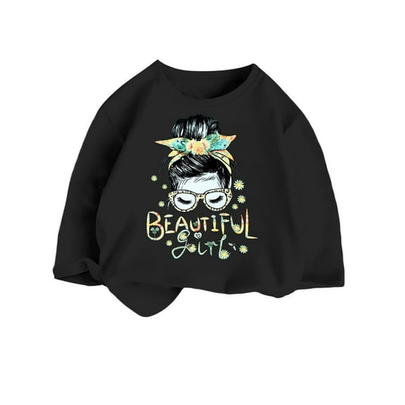 Graphic Tees for Girls Fashionable Printed Loose Round Neck Black Going Out Fall Tops for 2-4 Years