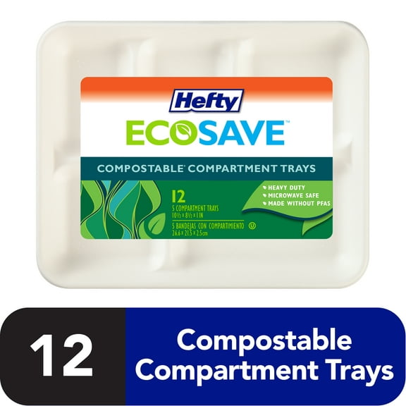 Hefty ECOSAVE Compostable 5-Compartment Paper Trays, 12 Count