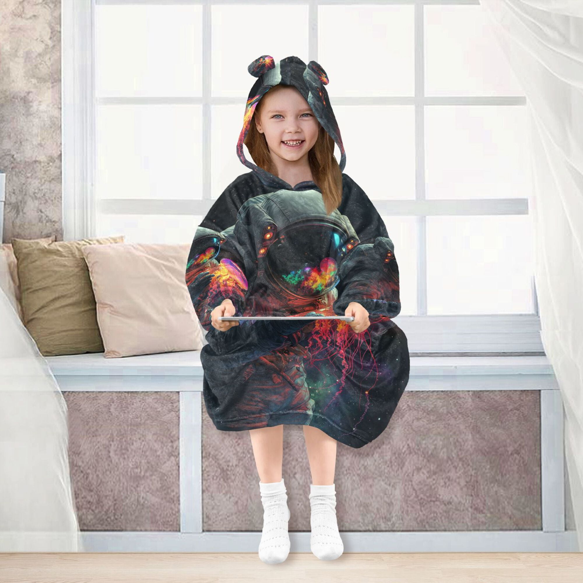 FORMRS Wearable Blanket Hoodie with Sleeves for Kids Cozy Flannel Sweatshirt, Black Astronaut