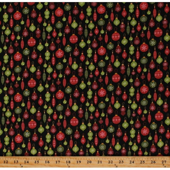 Cotton Red and Green Ornaments on Black Christmas Winter Holidays Cotton Fabric Print by the Yard (10310-12)
