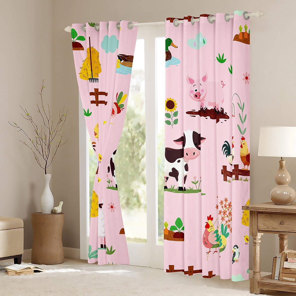 jejeloiu Cartoon Animal Blackout Curtains Set of 2 (52x84 Each),Cow Sheep Pig Window Curtains,Funny Country Theme Curtains and Drapes For Girl Boys,Super Cozy Room Decor