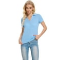 thumbnail image 2 of Xidunhg Women's Short Sleeve Solid Lapel V Neck Soft Pullover Tops Lightweight Knit Polo Shirt Sky Blue 2XL, 2 of 7