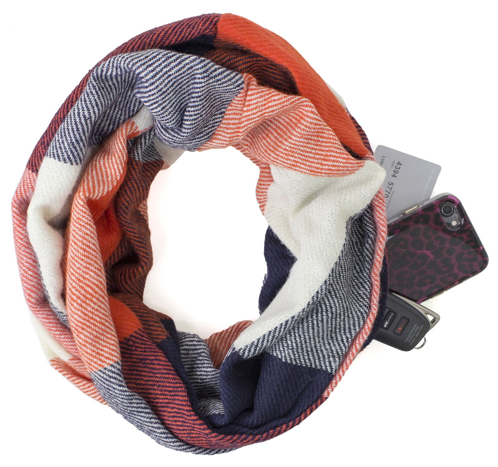 StylesILove Winter Plaid Infinity Scarf with Hidden Zipper Pocket Fashion Travel Scarf for Men Women and Teens