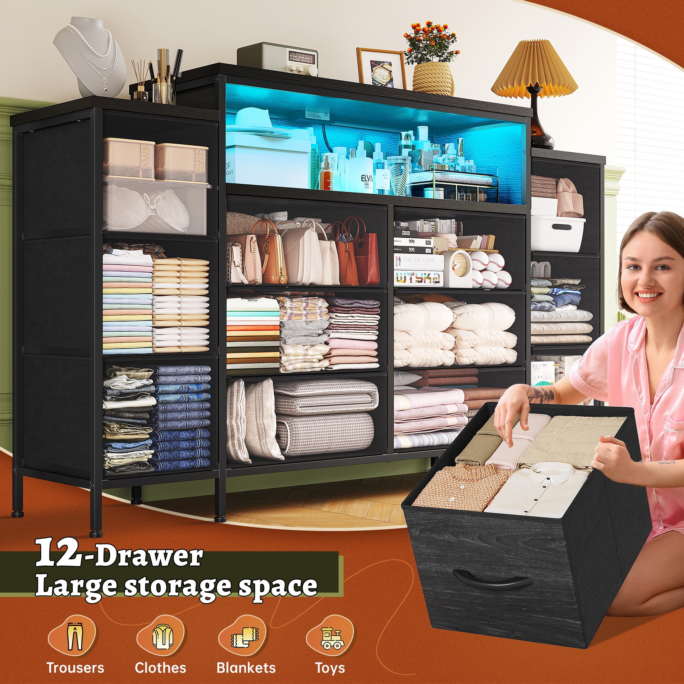 EnHomee 55" W Black Dressers for Bedroom with LED Lights & Charging Station 12 Drawer Fabric Dressers,11.8"D x 33.5"H