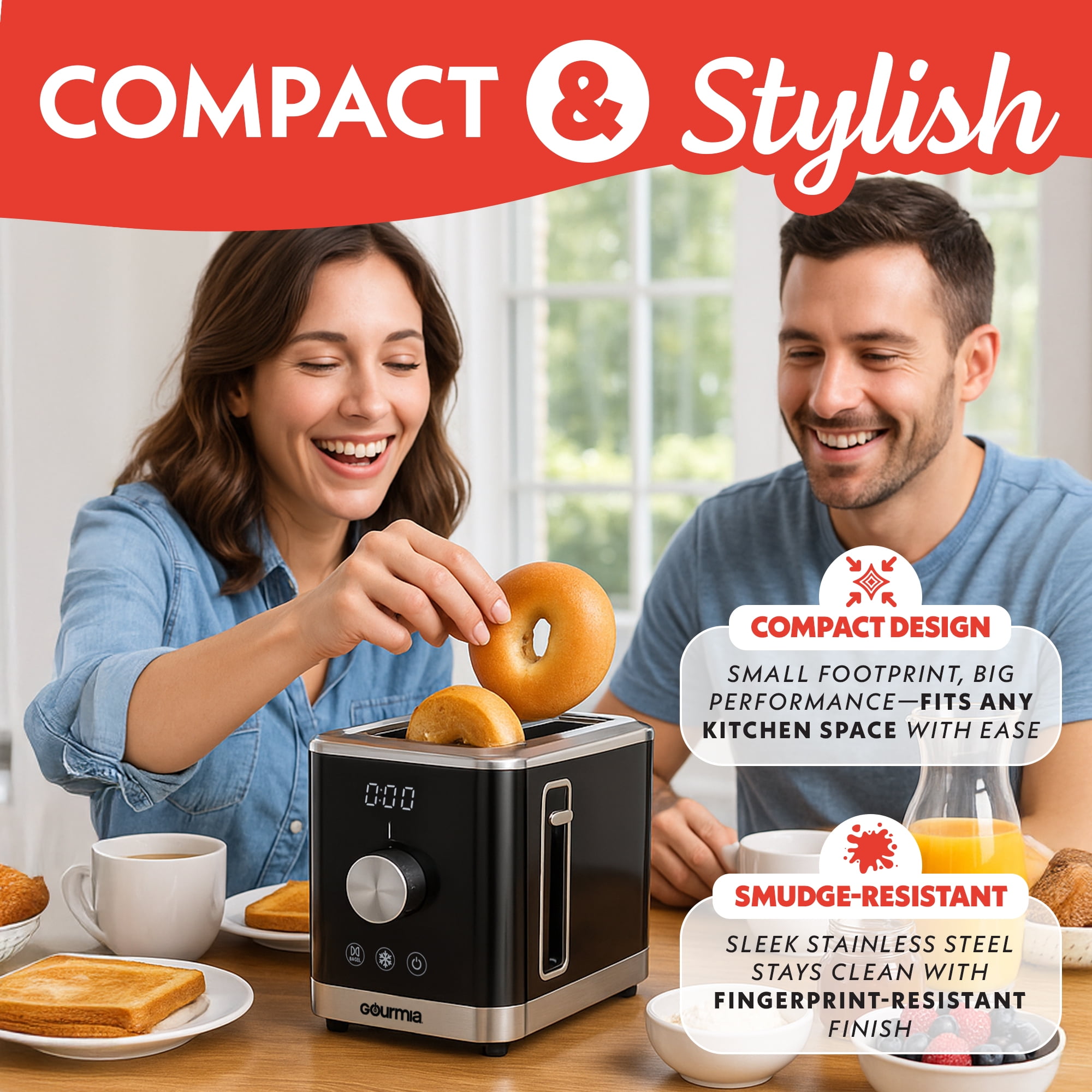 Gourmia 2 Slice Toaster with 6 Browning Levels, Bagel & Defrost Modes, Wide Slots, Slide‑Out Crumb Tray