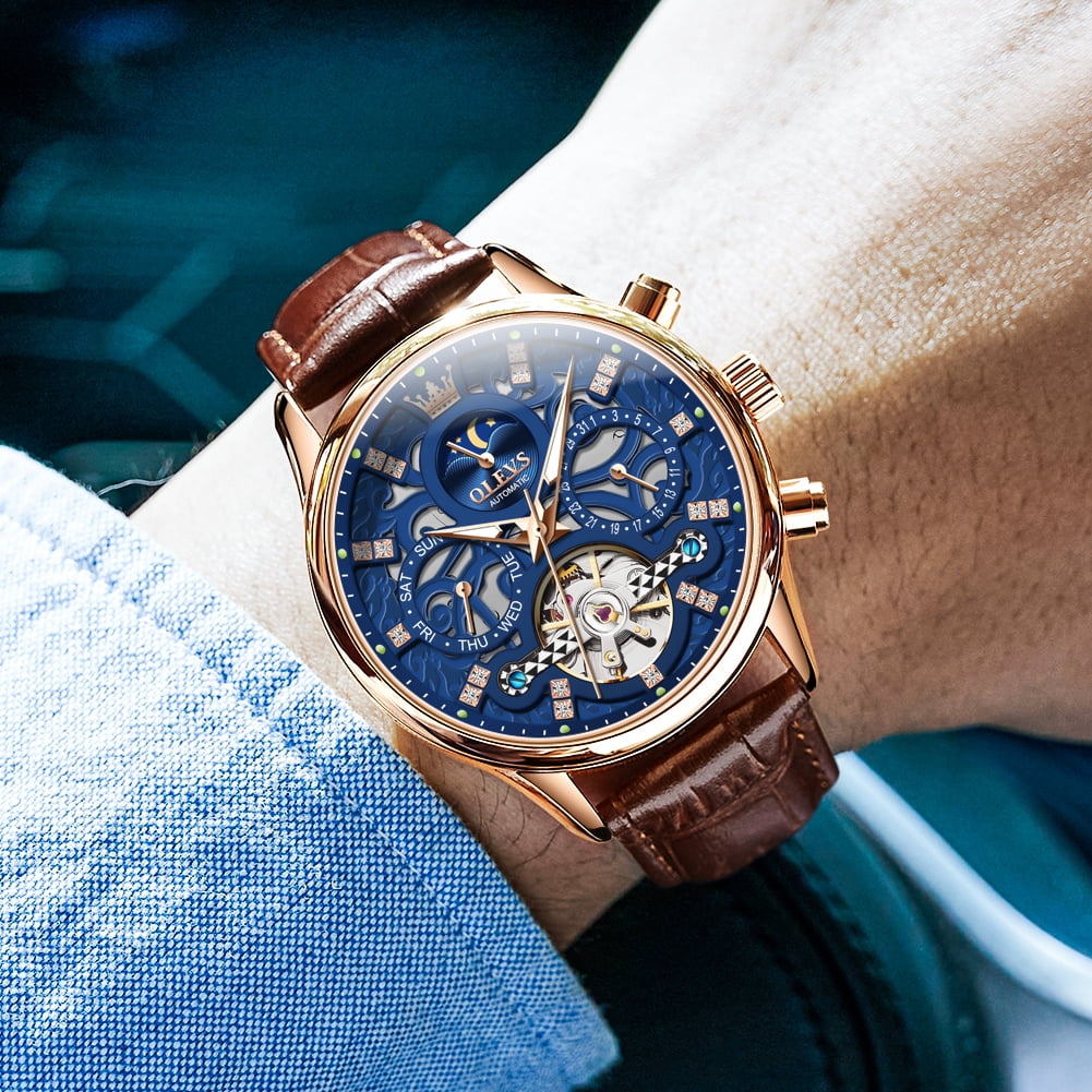 OLEVS Automatic Watches for Men Self Winding Mechanical Chronograph Skeleton Flywheel Luxury Dress Black Brown Leather Diamond Moon Phase Waterproof Luminous Mens Wrist Watches Reloj Para Hombre
