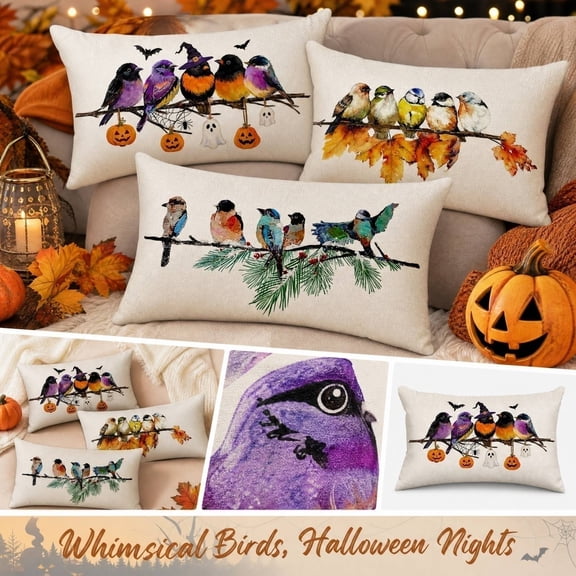 Outdoor Pillow Covers Waterproof 12x20, Bird Pattern Lumbar Throw Pillow Cover, Polyester Linen Decorative Cushion Cover for Patio Furniture Couch Porch Garden Decor, A