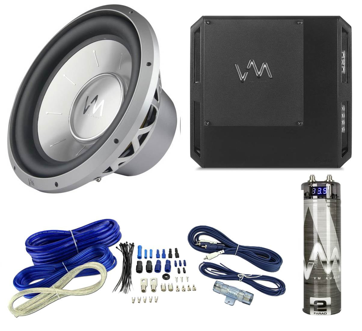 VM Audio Class D Ampifier + 10Inch Subwoofer + Wiring Kit + Capacitor
