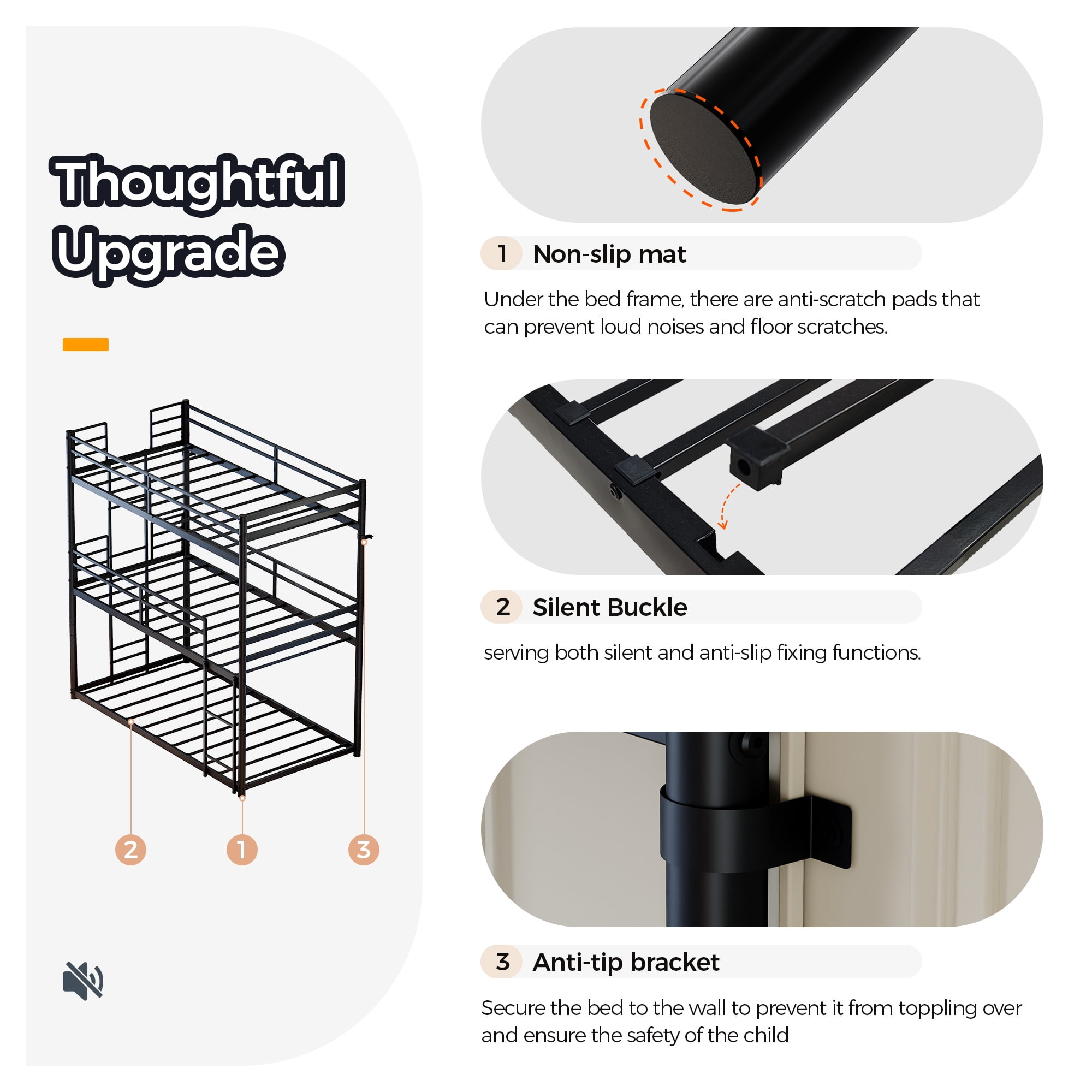 Leumius Triple Bunk Bed for 3 Kids/Teens,Bunk Bed Twin Over Twin Over Twin,Heavy Duty Metal Bed Frame with Guardrail and Ladder, No Box Spring Needed,Black