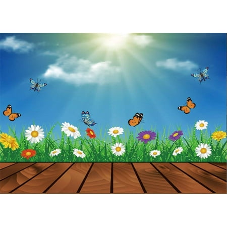 Image of ABPHOTO 7x5ft Spring Backdrop Butterfly Blooming Flowers Green Grassland Blue Sky White Cloud Nature Backdrops for Photography Shabby Stripes Wood Floor Photo Background Boys Girls Studio Props