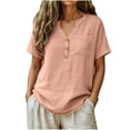 thumbnail image 2 of Rciityk Womens Summer Tops Solid V Neck Short Sleeve Linen Shirts Loose Fit Chest Pocket Casual Blouses - Daily Wear, 2 of 7