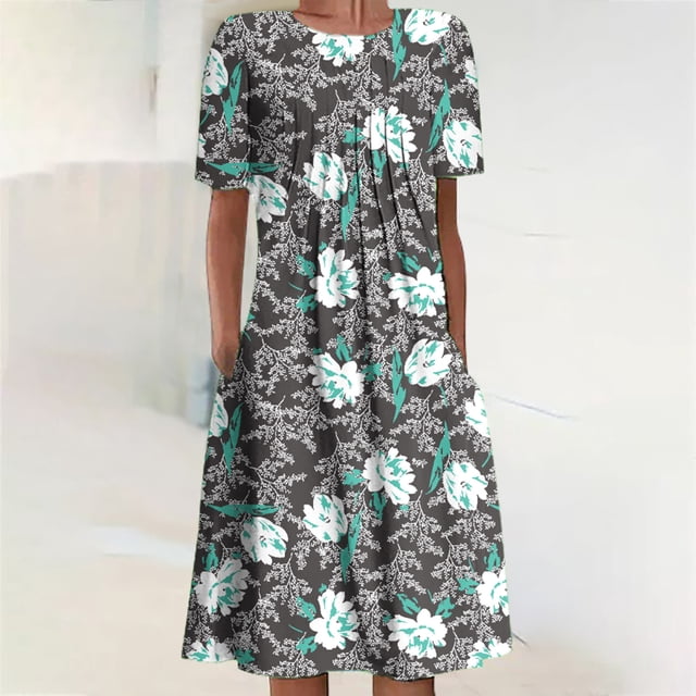 Fankiway Femmes Casual Print Crew-Cou Mode Plissée Robe Plus Robes de Taille pour les Femmes Courbes Robes Midi pour les Femmes Robes de Printemps pour les Femmes 7983