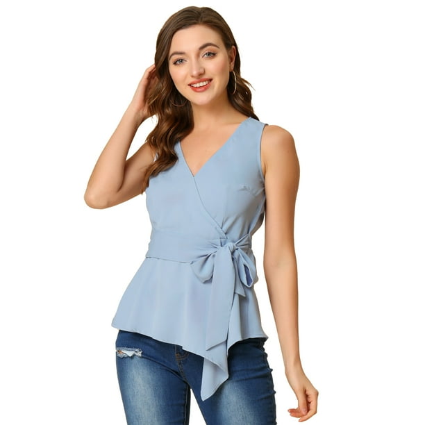 Blusa sin mangas Allegra K con Escote en V y lazo en la cintura Azul claro S
