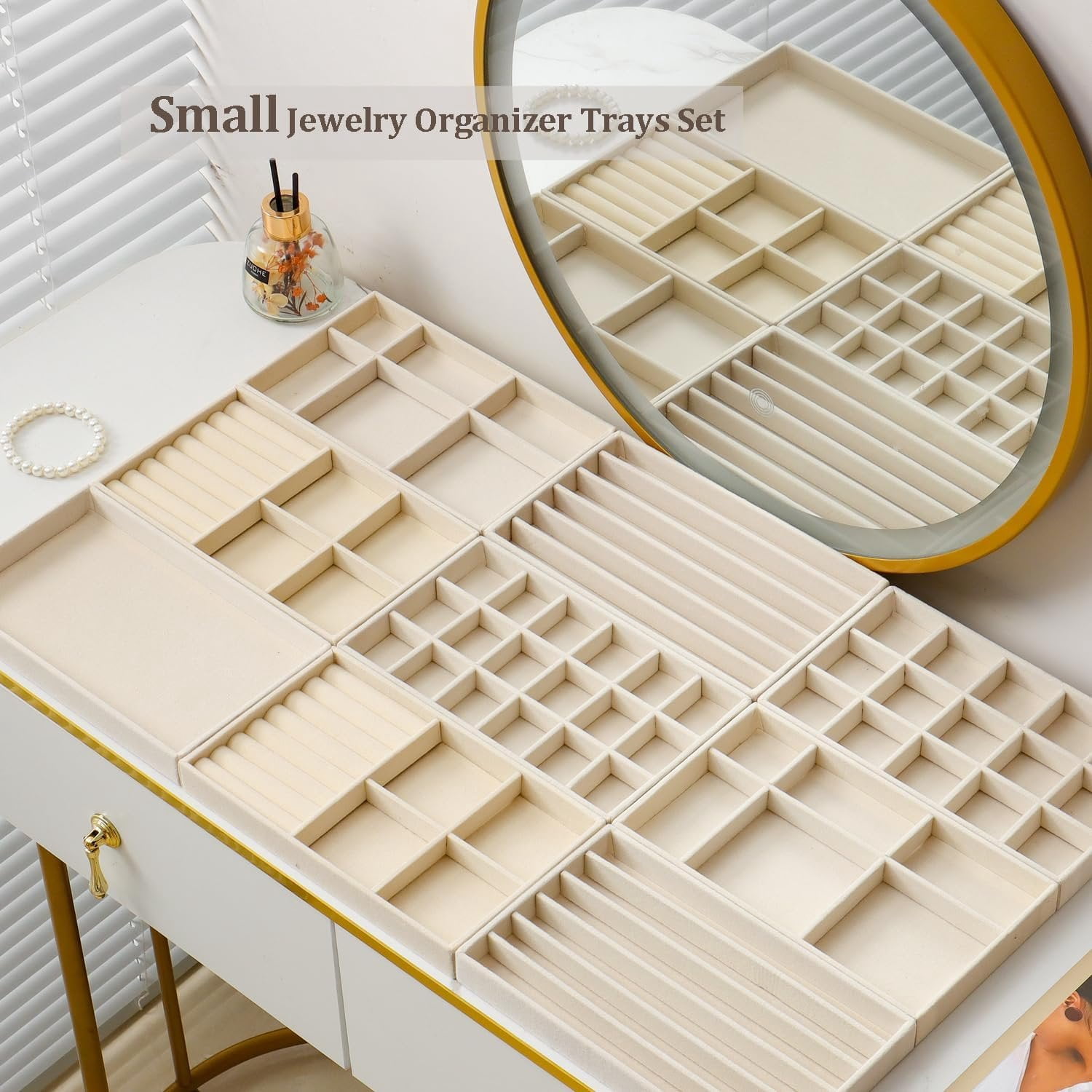 Stackable  Organizer Trays Set of 9, Small   Organizers Earring Necklace Ring Bracelet Display Case Storage for Drawer Dresser (Beige)