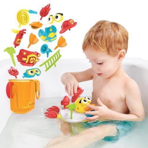 Jet Duck Create a Firefighter – Battery-Operated Bath Toy with Water-Squirting Action, 15 Accessories for Customization, Fun Bath Time Adventure for Kids
